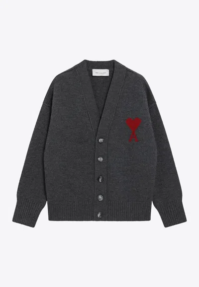Ami Alexandre Mattiussi Ami De Coeur Wool Cardigan In Gray