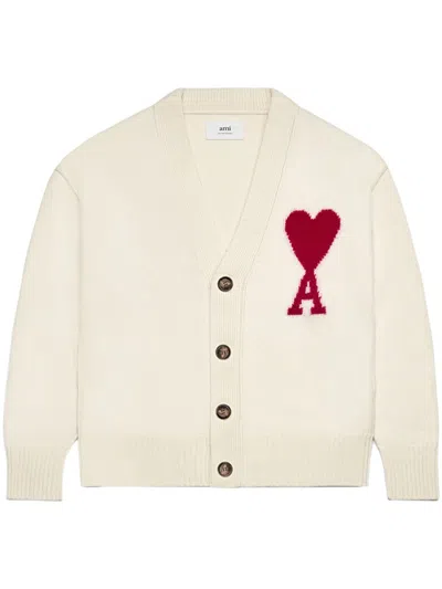 Ami Alexandre Mattiussi Ami De Coeur Wool Cardigan In Neutrals