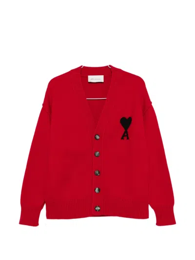 Ami Alexandre Mattiussi Ami Paris V-neck Wool Cardigan With Contrast Logo In Red