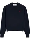 Ami Alexandre Mattiussi Crewneck Heart-embroidered Wool Sweater In Blue
