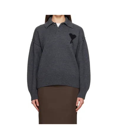 Ami Alexandre Mattiussi Oversized Intarsia-knit Wool Polo Sweater In Gray