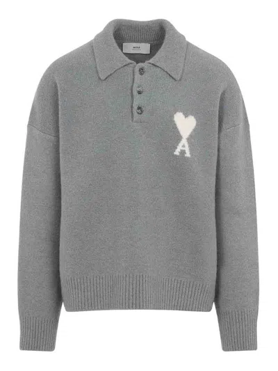 Ami Alexandre Mattiussi Ami De Coeur Wool Polo Shirt In Gray