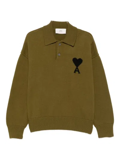 Ami Alexandre Mattiussi Ami De Coeur Wool Polo Shirt In Green
