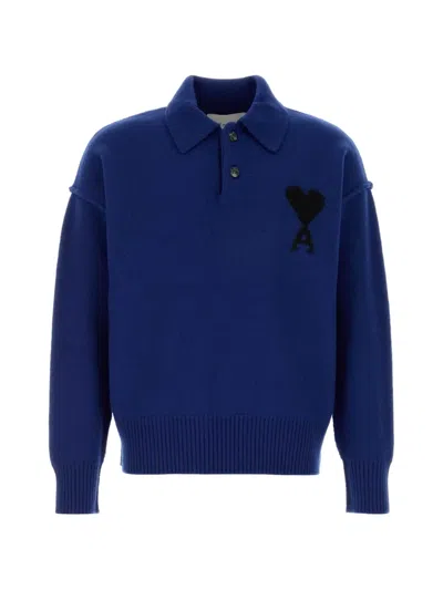 Ami Alexandre Mattiussi Ami Paris Heart-embroidered Virgin Wool Polo Sweater In Blue