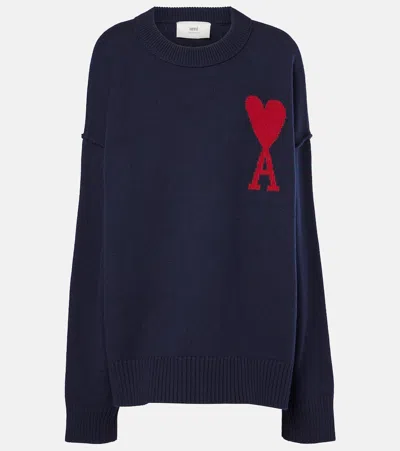 Ami Alexandre Mattiussi Ami De Coeur Wool Sweater In Navy/red