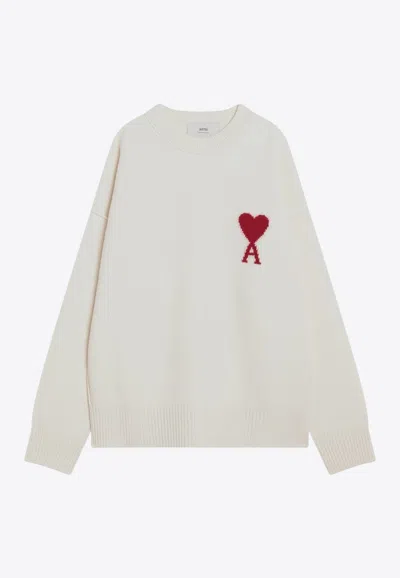 Ami Alexandre Mattiussi Ami Paris Ami De Coeur Crewneck Knitted Jumper In White