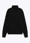 Ami Alexandre Mattiussi Merino Wool Black Turtleneck Sweater With Heart Logo In Black