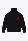 Ami Alexandre Mattiussi Relaxed Fit Black Wool Turtleneck Sweater With Graphic Heart Motif In Black
