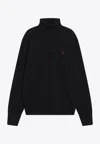 Ami Alexandre Mattiussi Merino Wool Black Turtleneck Sweater With Heart Logo In Black