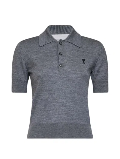 Ami Alexandre Mattiussi Ami Paris Ami De Coeur Short-sleeved Knitted Polo Shirt In Gray
