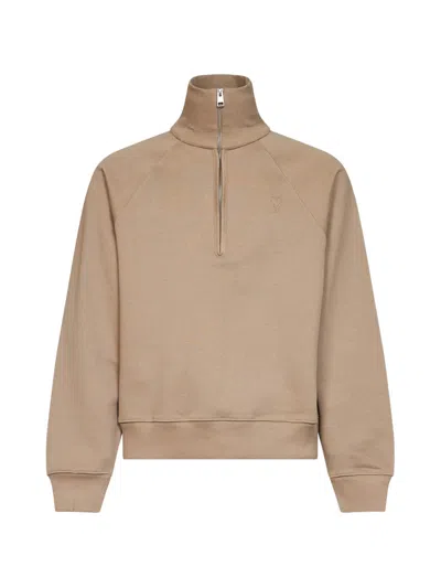 Ami Alexandre Mattiussi Ami Paris Pure Cotton Sweatshirt With High Neck And Half-zip Closure In Neutral