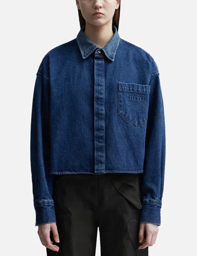 Ami Alexandre Mattiussi Ami Paris Logo Embroidered Cropped Shirt In Blue