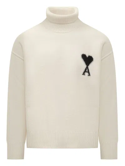 Ami Alexandre Mattiussi Ami Ecru Noir Wool Sweater In Neutral