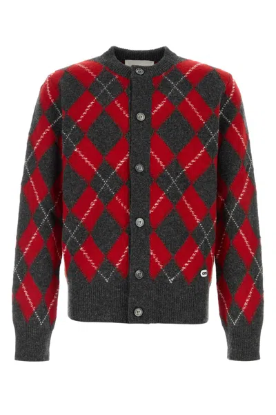 Ami Alexandre Mattiussi Charcoal Grey And Ruby Red Argyle-pattern Wool Knit Cardigan In Gray