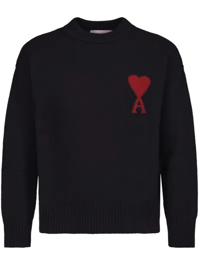 Ami Alexandre Mattiussi Ami Felted Wool Sweater With Heart And Logo Detail In Black