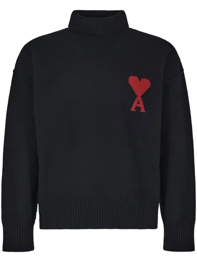 Ami Alexandre Mattiussi Ami Paris Funnel-neck Sweater With Heart Intarsia Design In Black