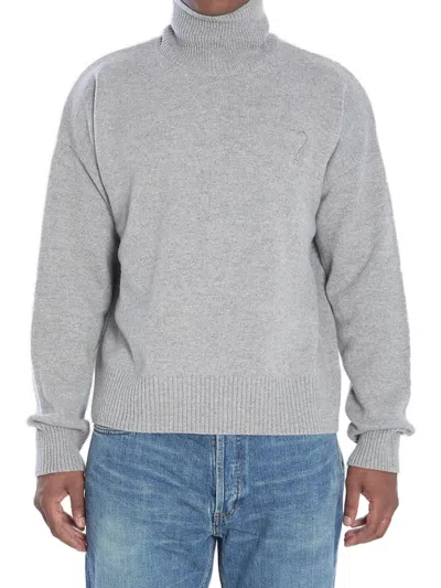 Ami Alexandre Mattiussi Ami Grey Turtleneck Sweater With Ribbed Detailing In Gray