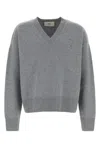 Ami Alexandre Mattiussi Ami V-neck Ribbed Sweater With Embroidered Logo In Gray