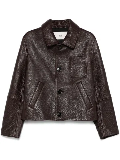 AMI ALEXANDRE MATTIUSSI AMI HAVANA BROWN HAMMERED LEATHER JACKET