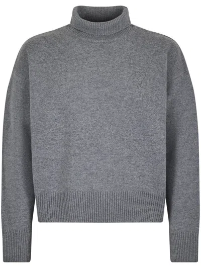 Ami Alexandre Mattiussi Ami High-neck Grey Knit Sweater In Gray