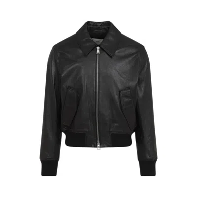 Ami Alexandre Mattiussi Ami Lamb Leather Bomber Jacket With Ribbed Cuffs And Sophisticated Design In Black