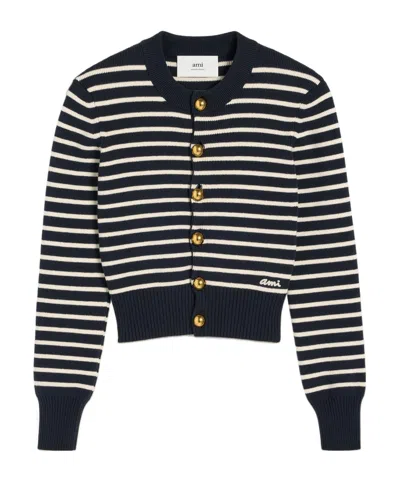 AMI ALEXANDRE MATTIUSSI AMI LOGO EMBROIDERED STRIPED KNITTED CARDIGAN