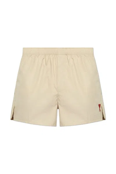 Ami Alexandre Mattiussi Ami Logo Embroidered Swim Shorts In Beige