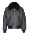 Ami Alexandre Mattiussi Leather Bomber Jacket Shearling Collar In Black