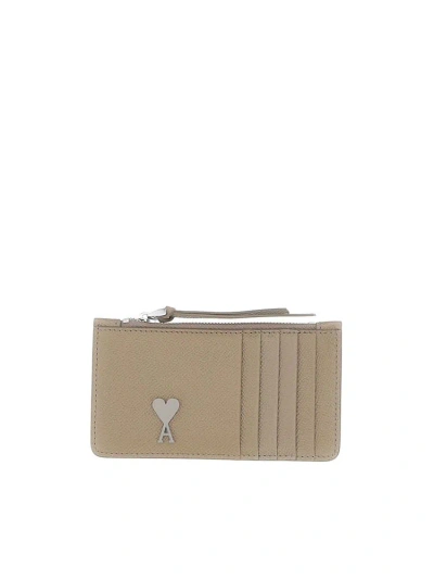 Ami Alexandre Mattiussi Ami Logo Plaque Zipped Card Holder In Beige
