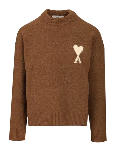 Ami Alexandre Mattiussi Knitted Sweater With Ribbed Crew Neckline In Brown