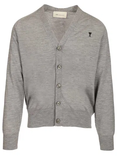 Ami Alexandre Mattiussi Ami Paris V-neck Wool Cardigan Knitwear Grey In Gray