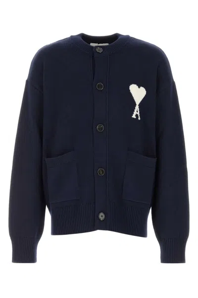 Ami Alexandre Mattiussi Ami Paris Men Blue Crew Neck Cardigan With Contrasting Adc Logo On The Front In Cotton And Linen Ble