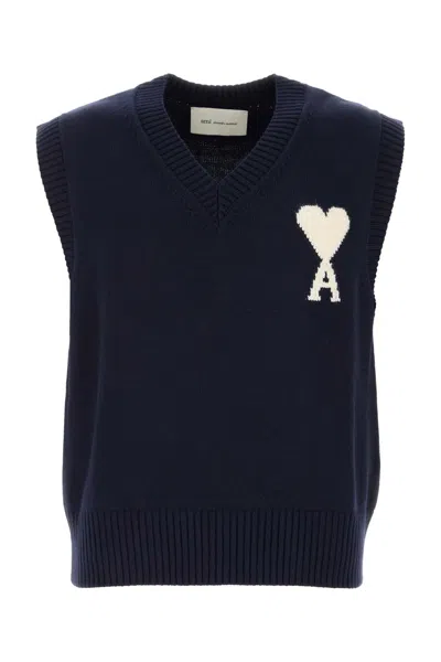 Ami Alexandre Mattiussi Blue V-neck Vest With Logo On The Front In Wool And Cotton Blend Man