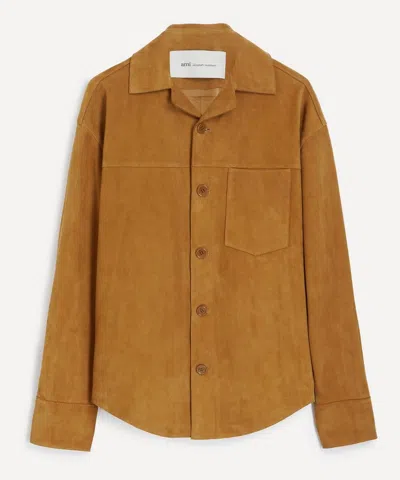 Ami Alexandre Mattiussi Suede Oversize Shirt Long Sleeves Chest Pocket In Brown