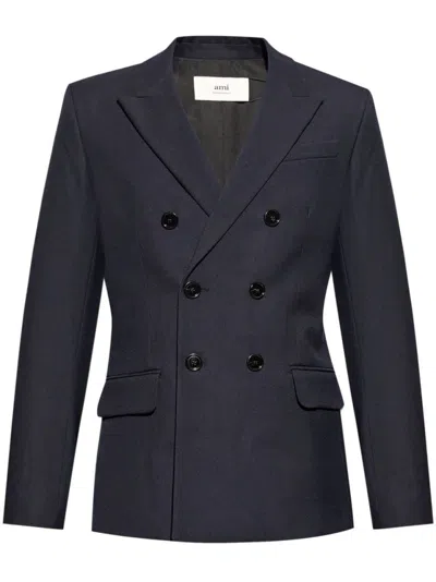 Ami Alexandre Mattiussi Ami Paris V-neck Double-breasted Tailored Blazer In Black