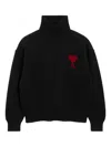 Ami Alexandre Mattiussi Relaxed Fit Black Wool Turtleneck Sweater With Graphic Heart Motif In Black