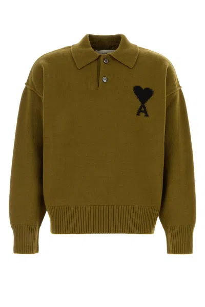 AMI ALEXANDRE MATTIUSSI AMI OLIVE GREEN WOOL POLO SHIRT