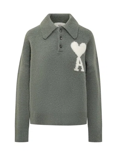 Ami Alexandre Mattiussi Paris Long-sleeved Knitted Polo Shirt In Grey
