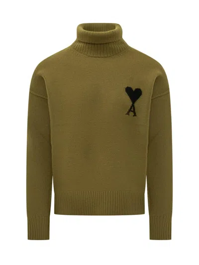 Ami Alexandre Mattiussi Ami Paris Ami De Coeur Funnel Knitted Jumper In Green