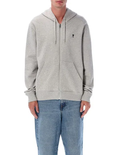 Ami Alexandre Mattiussi Ami Paris Grey Zipped Cotton  De Coeur Hoodie In Gray
