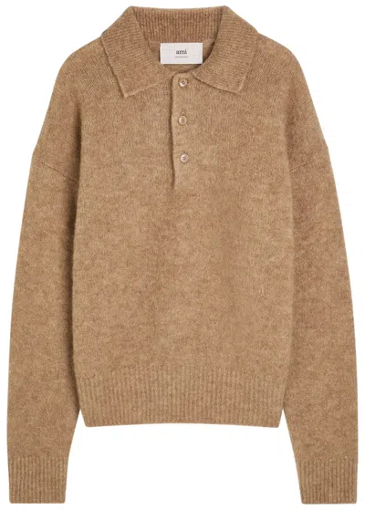 Ami Alexandre Mattiussi Ami Paris Grey Wool And Alpaca Polo Sweater Ami Paris In Brown