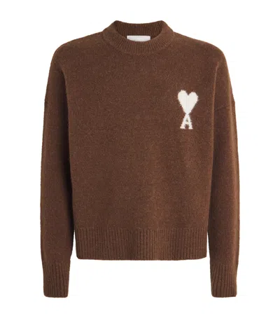 Ami Alexandre Mattiussi Ami Paris Ami Of Coeur Logo Crewneck Sweater In Cotton-wool Blend In Brown