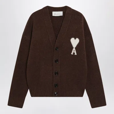 Ami Alexandre Mattiussi Ami Paris Alpaca-blend Cardigan With Mini Ami De Coeur Detail In Brown