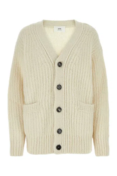 Ami Alexandre Mattiussi Ami Paris Alpaca-blend Ribbed Cardigan In Neutral