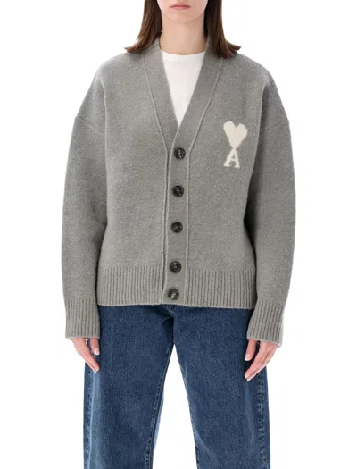 Ami Alexandre Mattiussi Ami Paris Alpaca-blend V-neck Cardigan With Intarsia Heart Detail And Horn Button Closure In Grigio