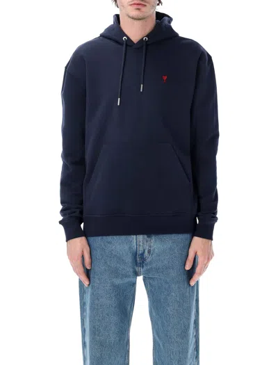 Ami Alexandre Mattiussi Ami Navy Blue Cotton Jersey Hoodie With Signature Monogram