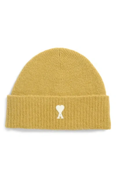 Ami Alexandre Mattiussi Ami Paris Ami De Coeur Appliqué Mohair Blend Cuffed Beanie In Yellow