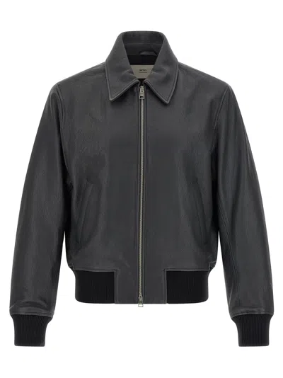 Ami Alexandre Mattiussi Zip-up Leather Jacket In Gray
