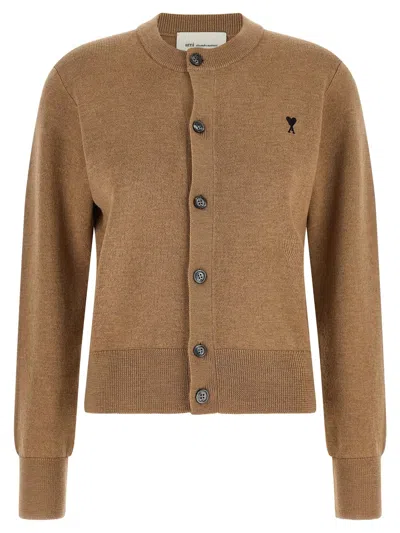 Ami Alexandre Mattiussi Ami Paris Crewneck Cardigan In Pure Merino Wool With Embroidered Logo In Brown