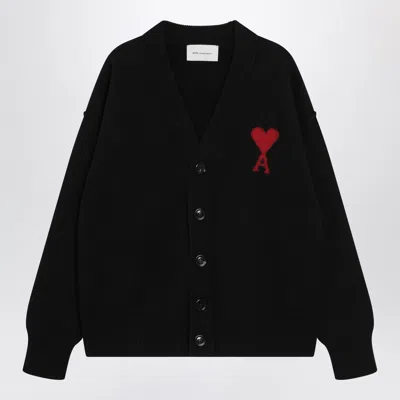 Ami Alexandre Mattiussi Ami Paris Ami De Coeur Cardigan In Black Merino Wool Knit